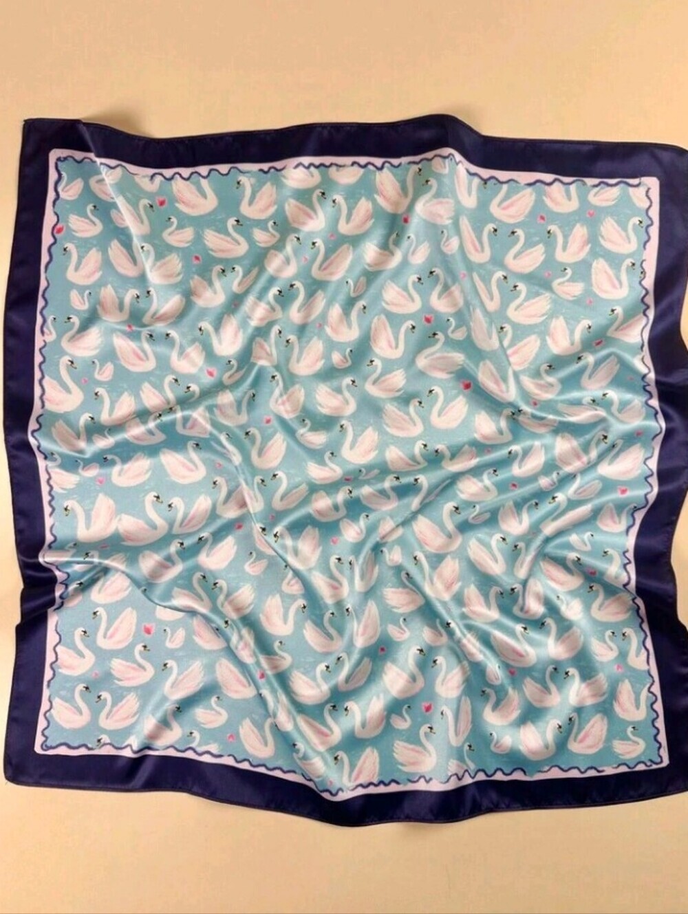 Blue White Swan Print Satin Scarf with Navy Border Summer Coastal Vacation